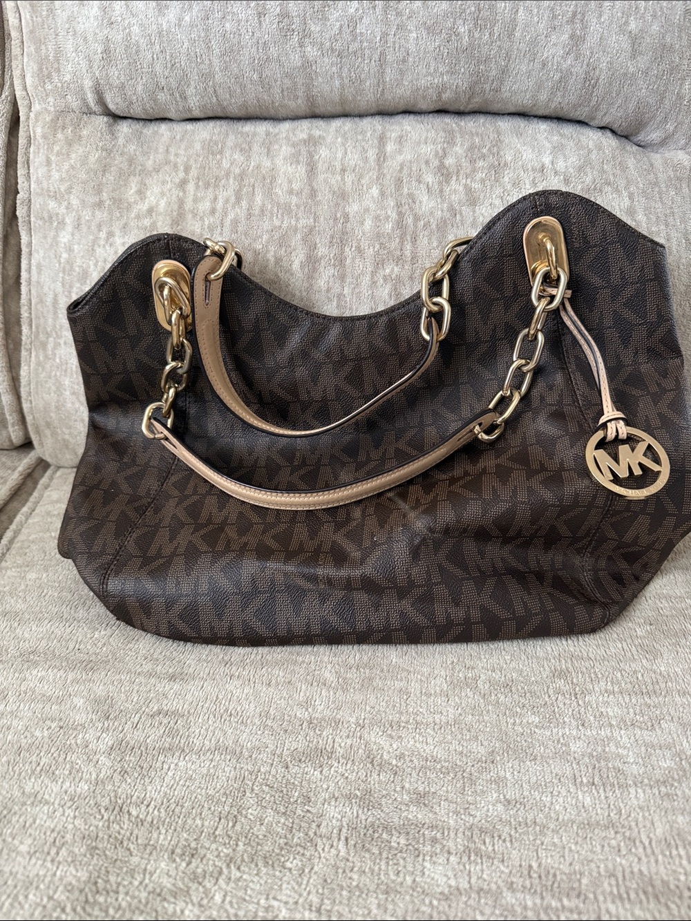 Michael Kors Dark Brown MK Logo Shoulder Bag with Tan Accents